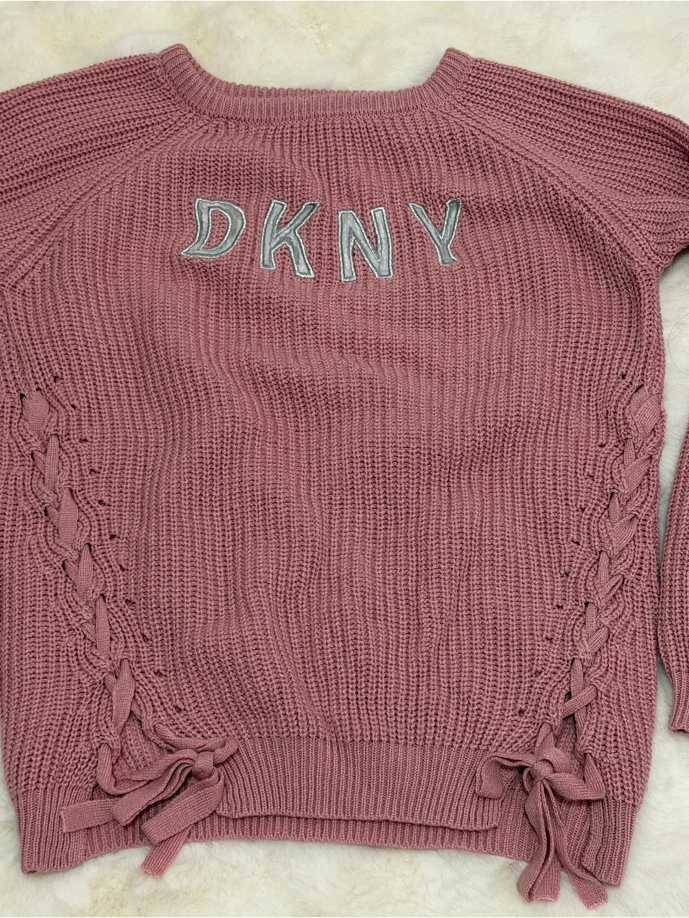 DKNY Dusty Rose Crewneck Sweater with Side Braid & Bow Detail